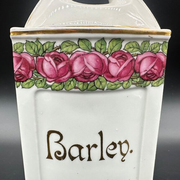 Antique German Barley Canister Pink Roses Floral Kitchen Storage Pink Flowers - Picture 8 of 11
